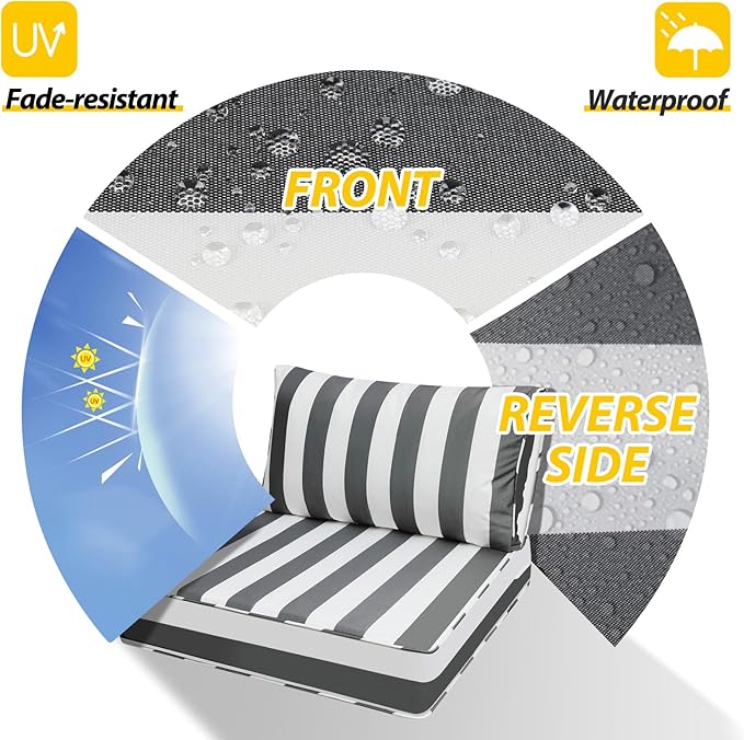 AAAAAcessories Outdoor Deep Seat Cushions, Waterproof, Fade-Resistant Patio Furniture Replacement Cushions, 23.5" x 25.5" x 5" + 23.5" x 13.5", Gray Cabana Stripe