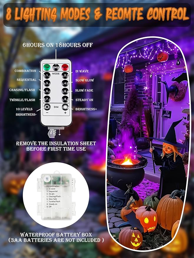 4 Pack 100 LED Halloween Fairy Lights Battery Operated with Remote, 33FT Waterproof Twinkle Lights with Timer & 8 Modes, Fairy String Light Outdoor Indoor for Bedroom Classroom DIY Decor (Purple)