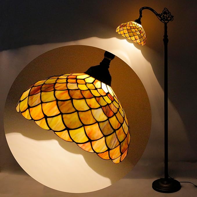 Tiffany Floor Lamp Stained Glass Fish Scales Style Arched Reading Light Gooseneck Adjustable Corner Standing Lamp 12X16X66 Inch for Bedroom Living Room Home Office
