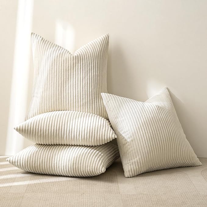 MIULEE Boho Farmhouse Throw Pillow Covers 18x18 Inch Set of 4 Mordern Nordic Cushion Covers Soft Corduroy Christmas Home Decor for Couch Bed Sofa Living Room Cream White