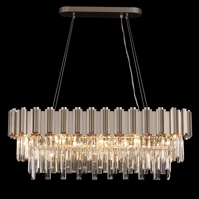 L35.4 Linear Modern Crystal Chandeliers Luxury Nickel Rectangle Chandelier for Dining Room Contemporary Oval Raindrop Pendant Ceiling Light Fixture for Kitchen Island Entryway Foyer 10 Lights