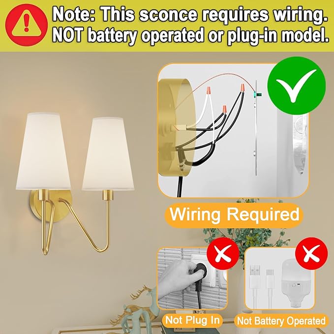 Electro bp;Double Head Classic 2 Lights Wall Sconces Lighting Fixture Polished Gold with Cream White Linen Fabric Lamp Shades E12 80W Hardwired;