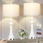 28" Farmhouse Lamps Set of 2 with USB A+C Fast Ports & AC Outlets, Vintage Rustic 3-Way Dimmable Touch Control Table Lamps, Rustic Traditional Bedside Nightstand Lamp for Living Room Bedroom White