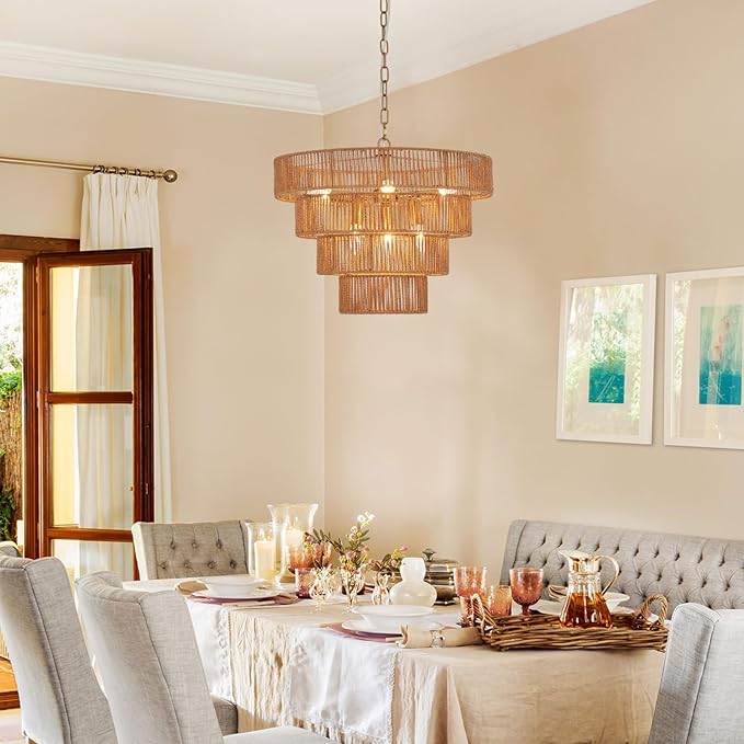Boho Rattan Chandelier Farmhouse 6-Lights Hand-Woven Bamboo Chandelier Light Fixture Vintage Rustic Wicker Rattan Golden Chandeliers for Dining Room, Bedroom, Kitchen, Living Room, E12