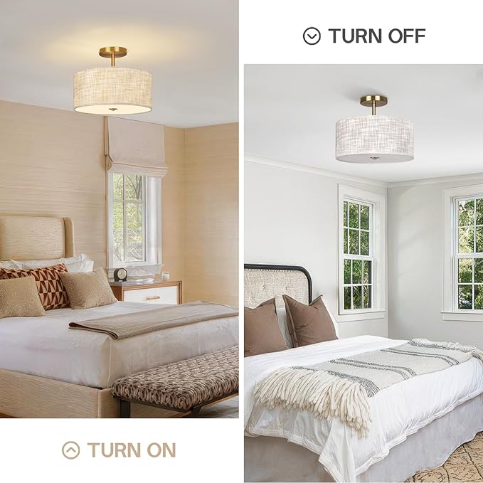 13" Semi Flush Mount Ceiling Light Fixture, Modern Drum Ceiling Light with Textured Linen Fabric Shade and Gold Base, 3-Light Farmhouse Lighting for Bedroom, Kitchen, Entryway, Living Room