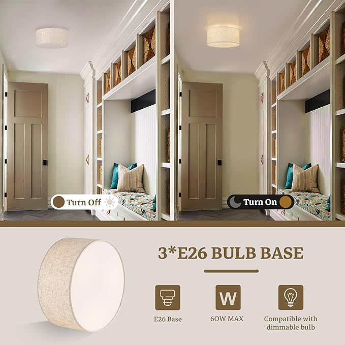 13inch Semi Flush Mount Ceiling Light Fixture,3-Light Ceiling Mount Drum Light Fixture with Linen Shade,Modern Close to Ceiling Lamps for Living Room, Bedroom, Dining Room,Hallway