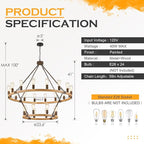 Farmhouse Wagon Wheel Chandelier 43" Wooden Rustic Chandelier 24-Light 2 Tier Extra Large Pendant Light Fixture Round Chandeliers for High Ceiling Foyer Living Room Porch