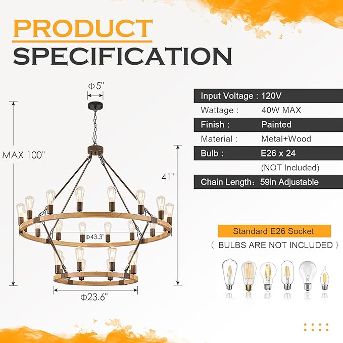 Farmhouse Wagon Wheel Chandelier 43" Wooden Rustic Chandelier 24-Light 2 Tier Extra Large Pendant Light Fixture Round Chandeliers for High Ceiling Foyer Living Room Porch