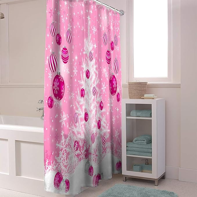 Pink Christmas Shower Curtain, White Xmas Tree Snowflakes Pink Balls Shower Curtains Set with Hooks, Winter Waterproof Fabric Bathroom Curtains Decor Home Accessories, Stall Long 54 X 78 Inch