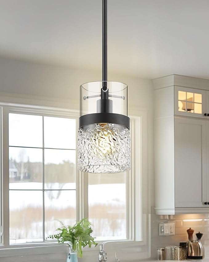 LMS 5 Inch Dia Black Pendant Light, Modern Hanging Lamp for Kitchen Island with Adjustable Rod, Medium Linear Light Fixtures with Hammered Glass, LMS-171PL-BKM