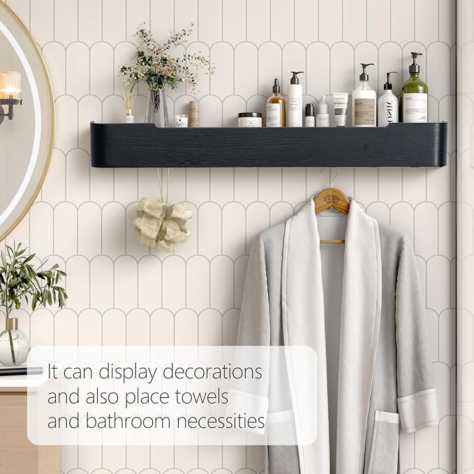 Coat Rack Wall Mount with Hidden Hooks Entryway Hanging Shelf Modern Wood Coat Hanger for Bedroom Kitchen Hallway Bathroom (Black,32.7 Inch Long)