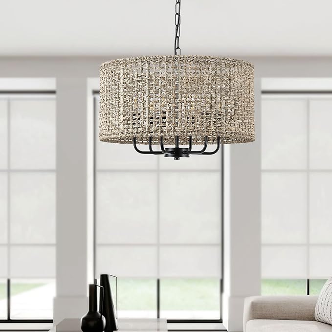 20" Rattan Hand-Woven Boho Wicker Chandelier - 6-Light Drum Farmhouse Oversized Vintage Pendant Light Fixture for Dining Room, Kitchen Island, Entryway (Black)
