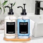 Dish Soap Dispenser for Kitchen, Hand Glass Soap Dispenser Set with Pump, Tray, Funnel for Bathroom, Shower, Laundry, Liquid, Lotion (Black 2 Pack 18 Oz Clear Bottles with 12 Stickers)