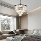 4-Tiers 23.6" Black Modern Crystal Chandelier 12-Light Crystal Pendant Ceiling Light Fixture Hanging Lighting for Entryway Dining Room Bedroom Living Room Foyer High Ceiling