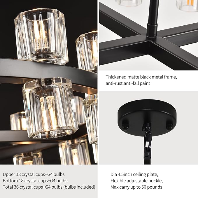 36" K9 Crystal Chandeliers, Round Black Chandeliers for Dining Room, Living Room, Dining Room Chandelier Over Table, Chandelier for Bedroom Foyer Bathroom Includes Bulbs