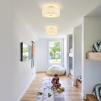 Modern Semi Flush Mount Ceiling Light 18" Modern Gold Drum Ceiling Lighting Fixture with Linen Shade Vintage Ceiling Lamp for Living Room, Bedroom, Kitchen, Dining Room, Hallway, and Entryway