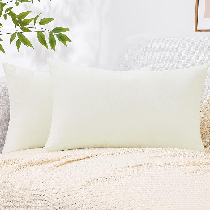 decorUhome Chenille Cream White Throw Pillow Covers 12x20 Inch Set of 2, Decorative Soft Couch Pillow Covers Solid Dyed Accent Velvet Farmhouse Neutral Rectangle Pillow Cases for Sofa Bed Living Room