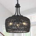 HMVPL Black Rattan Chandelier for Dining Room, 3-Light Boho Light Fixture with Woven Lampshade, Wicker Pendant Light Ceiling Hanging, Farmhouse Kitchen Chandelier for Bedroom Living Room Entryway