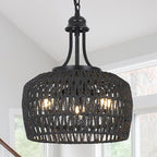HMVPL Black Rattan Chandelier for Dining Room, 3-Light Boho Light Fixture with Woven Lampshade, Wicker Pendant Light Ceiling Hanging, Farmhouse Kitchen Chandelier for Bedroom Living Room Entryway