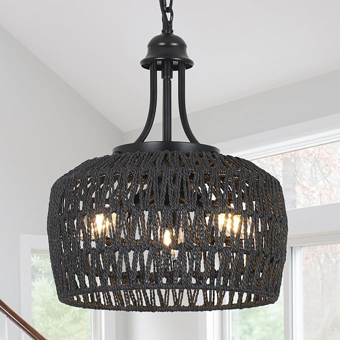 HMVPL Black Rattan Chandelier for Dining Room, 3-Light Boho Light Fixture with Woven Lampshade, Wicker Pendant Light Ceiling Hanging, Farmhouse Kitchen Chandelier for Bedroom Living Room Entryway