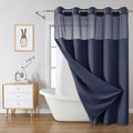 Navy Long No Hook Waffle Weave Shower Curtain with snap-in Liner Replacement, 230GSM Waterproof Fabric Hotel Shower Curtain Set for Bathroom, Through Mesh Top Window,71Wx80H
