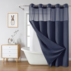 Navy No Hook Waffle Weave Shower Curtain with snap-in Liner Replacement, 230GSM Waterproof Fabric Hotel Shower Curtain Set for Bathroom, Through Mesh Top Window,71Wx77H