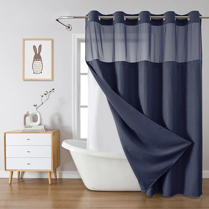 Navy No Hook Waffle Weave Shower Curtain with snap-in Liner Replacement, 230GSM Waterproof Fabric Hotel Shower Curtain Set for Bathroom, Through Mesh Top Window,71Wx77H