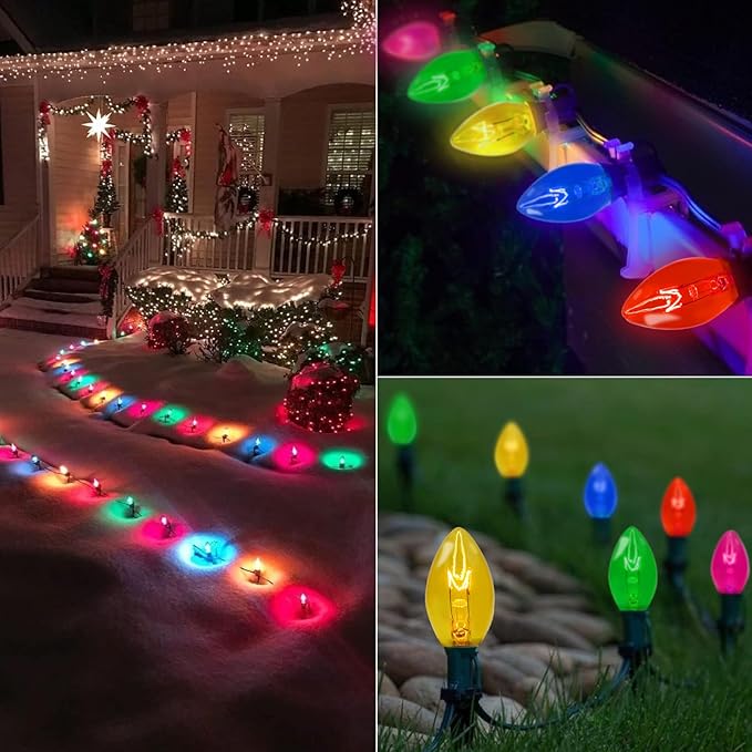 C7 Christmas String Lights-25Ft Vintage Christmas Lights with 27 Multicolor C7 Light Bulbs (2 Spare),C7 Christmas Lights Outdoor for Christmas Party Backyard Wedding- Green Wire