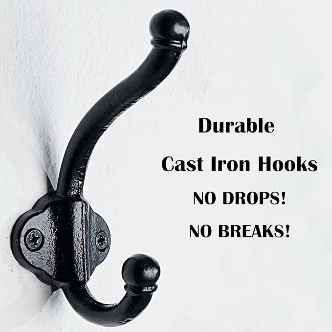 SKOLOO Heavy Duty Black Wall Hooks, Farmhouse Style Cast Iron Hooks, Pack of 5, Ideal for Backpack, Hat, Coat, and Towel Hooks - Perfect for Entryway, Mud Room, and Bathroom Storage