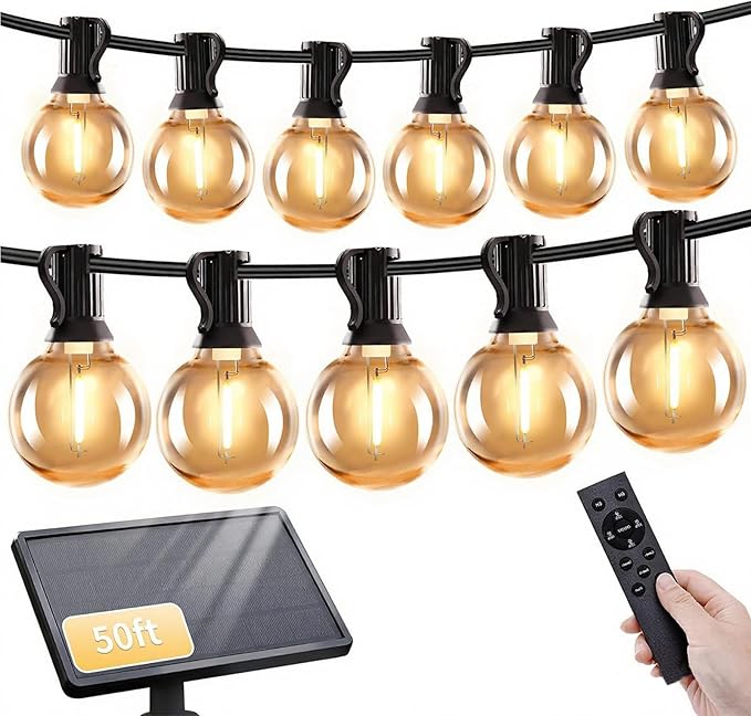 50ft Solar String Lights with Remote, 25+1 LED Bulbs Patio Lights Outdoor Waterproof, G40 Dimmable Deck Lights for Outside Garden Fence Backyard Decor