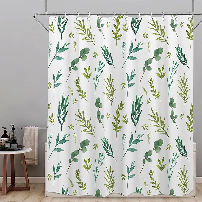 Green Leaves Shower Curtain, Watercolor Plant Floral Eucalyptus Leaf Bathroom Shower Curtain Sets, Botanical Decor Rustic Nature Art Boho Fabric Bath Curtain with Hooks 72x72 Inch