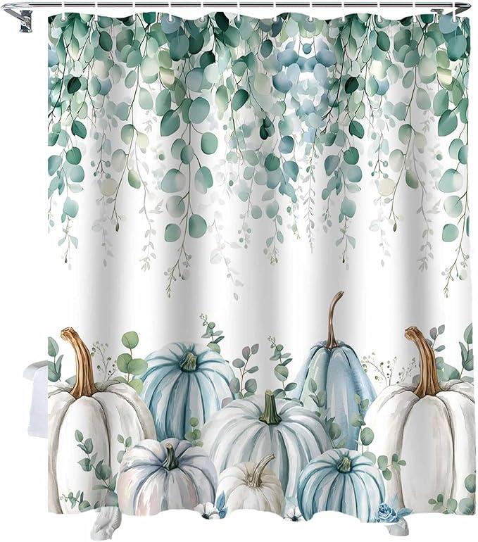Fall Thanksgiving Shower Curtain, Teal White Pumpkin Shower Curtains Set with Hooks, Floral Sage Green Eucalyptus Leaves Waterproof Fabric Bathroom Curtains Decor Home Accessories,Stall Long 36 X 78