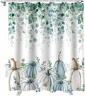 Fall Thanksgiving Shower Curtain, Teal White Pumpkin Shower Curtains Set with Hooks, Floral Sage Green Eucalyptus Leaves Waterproof Fabric Bathroom Curtains Home Accessories,72 X 84 Inch Extra Long