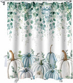 Fall Thanksgiving Shower Curtain, Teal White Pumpkin Shower Curtains Set with Hooks, Floral Sage Green Eucalyptus Leaves Waterproof Fabric Bathroom Curtains Decor Home Accessories,66 X 72 Inch Long