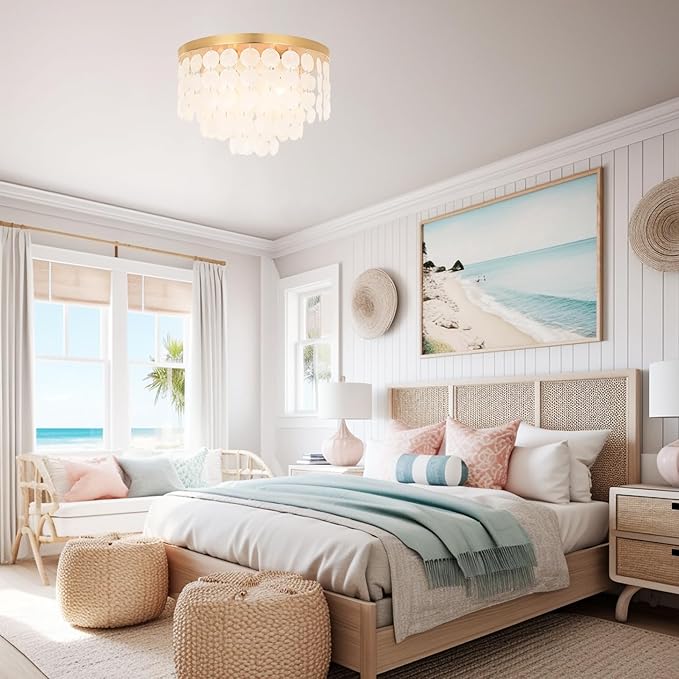 ALICE HOUSE 17.7" Capiz Shell Ceiling Light,Brushed Brass Finish, 4 Light Flush Mount Light for Bedroom, Kitchen, Dressing Room, Dining Room and Entryway AL2608-S4
