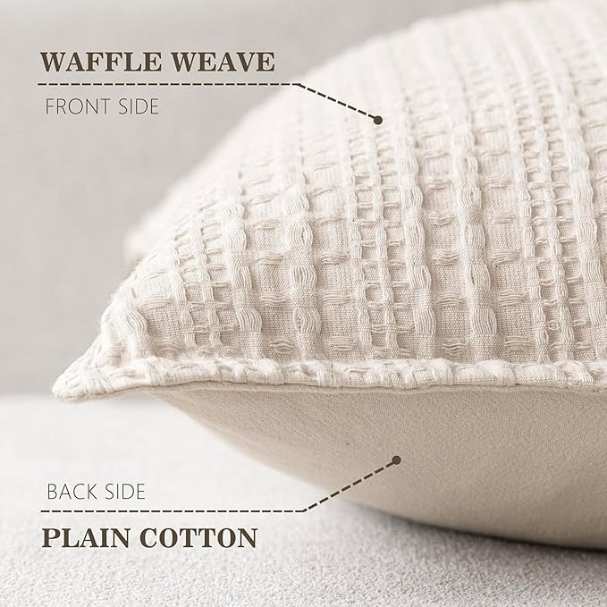 Foindtower Set of 2 Decorative Cotton Waffle Weave Throw Pillow Covers Euro Shams Cushion Covers Accent European Pillowcase for Bed Couch Sofa Bedroom Living Room Home Decor 26×26 Inch Natural Ivory