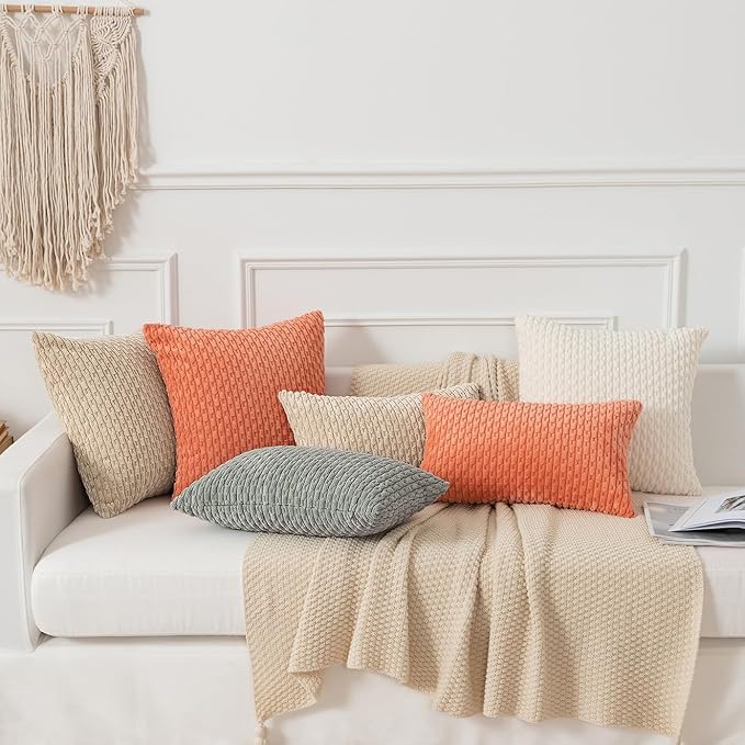 Kevin Textile Throw Pillow Covers Soft Corduroy Decorative Set of 2 Boho Striped Pillow Covers Pillowcases Farmhouse Home Decor for Couch Bed Sofa Living Room 20x20 Inch Beige