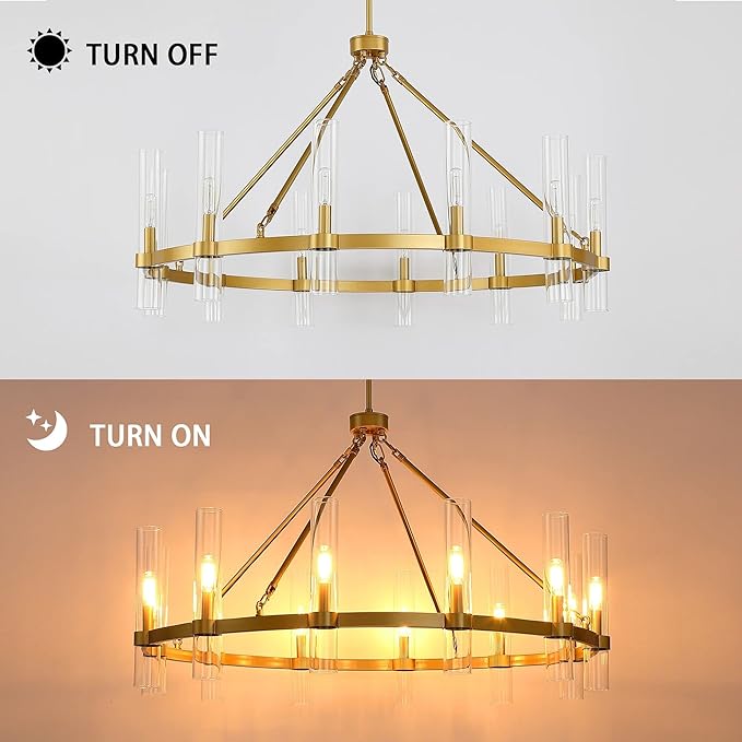 Untrammelife 12-Light Gold Chandelier with Clear Glass, 36” Large Wagon Wheel Chandelier Farmhouse Dining Room Light Fixture Modern Round Chandeliers for Dining Room Foyer