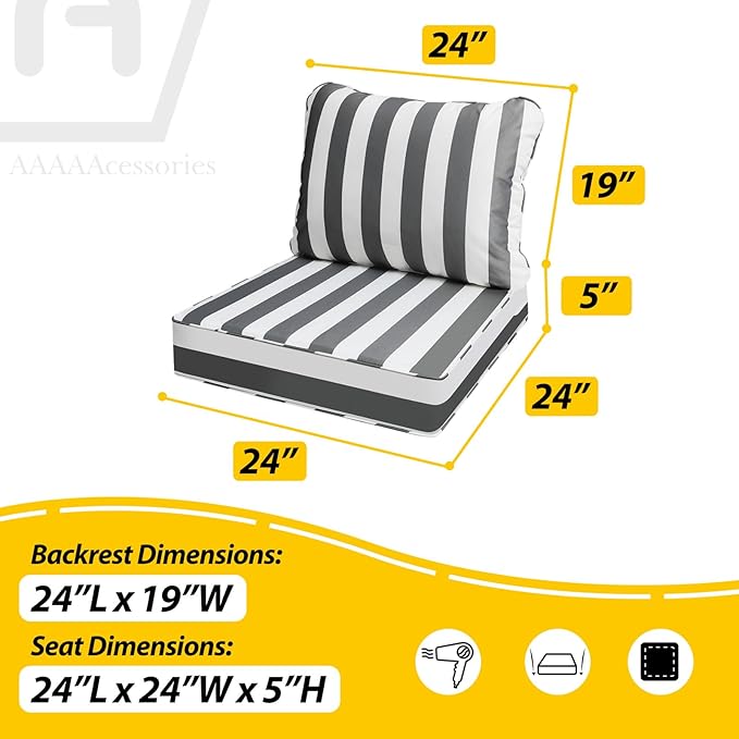 AAAAAcessories Outdoor Deep Seat Cushions, Waterproof, Fade-Resistant Patio Furniture Replacement Cushions, 24" x 24" x 5", Gray Cabana Stripe