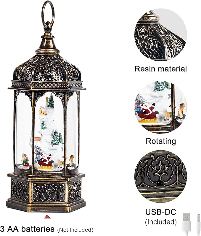Christmas Snow Globes with Music,6H Timer Cylindrical Flashing Snow Ball,Bronze Musical Box Including 8 Songs,Glitter Snowflakes Lantern with Christmas Tree Xmas Snow Mountain Decor Gift