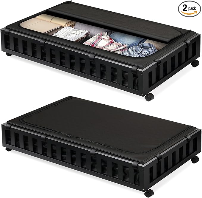 2 Pack Bamboo Under Bed Storage with Wheels, 39”x20”x7.8” Lager Under Bed Storage Containers (Black)