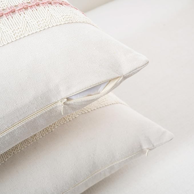 Fancy Homi Set of 2 Boho Pink Big Decorative Throw Pillow Cover 24x24 Inch for Couch Bed Bedroom, Aesthetic Modern Organic Farmhouse Room Decor, Soft Cotton Accent Macrame Woven Cushion Case