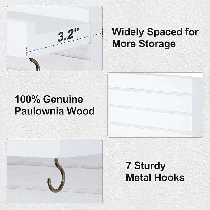 Key Holder Wall Mount, Entryway Mail Organizer with Shelf, Decorative Key Hanger with 7 Hooks Holds Leashes and Glasses, Includes Mounting Hardware (13.8” x 5.3” x 3.2”)