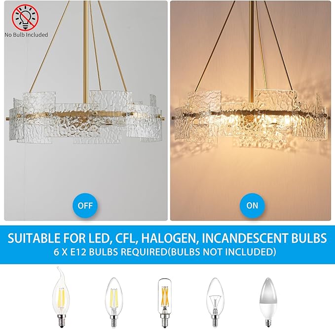 XINGQI Gold Chandelier Modern Farmhouse 6-Light 19.7" Water Ripple Glass Drum Chandeliers Height Adjustable Rustic Pendant Lighting Fixture for Dining Room Living Room Kitchen Island Bedroom