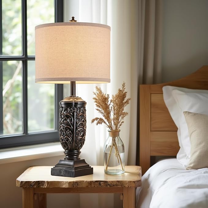 28.5” Vintage Farmhouse USB A+C Table Lamps Set of 2 for Living Room Bedroom Tall Rustic Bedside Nightstand Lamp Retro Traditional End Table Lamps for Entryway Home Office Decor Antique Black Accent