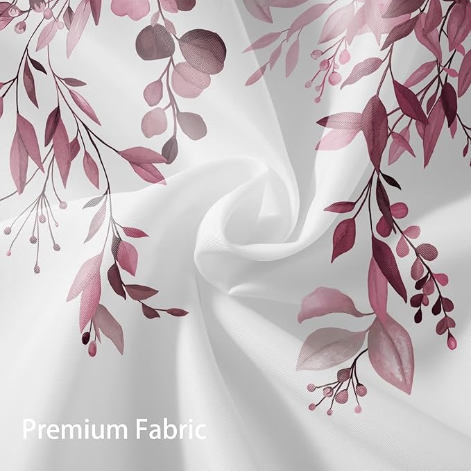 Eucalyptus Shower Curtain, Dark Red Watercolor Leaves with Floral Botanical Bathroom Decor, Waterproof Fabric Bath Curtain Set with Hooks, 72x84 Inches