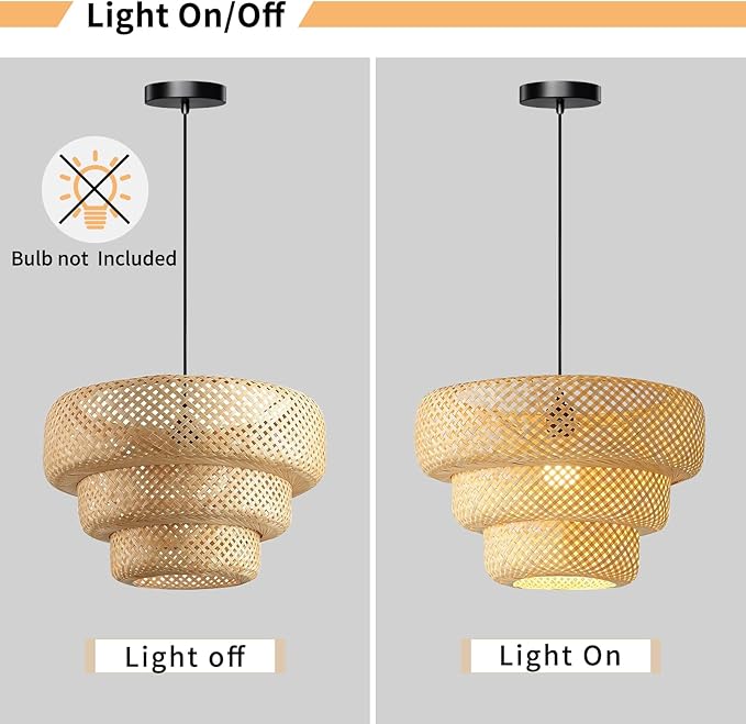 18inch Bamboo Rattan Pendant Light, 3-Layer Hand-Woven Wicker Boho Hanging Ceiling Light Fixture, Beige Rustic Farmhouse Chandelier Lamp for Kitchen Island, Dining Room, Bedroom, Living Room