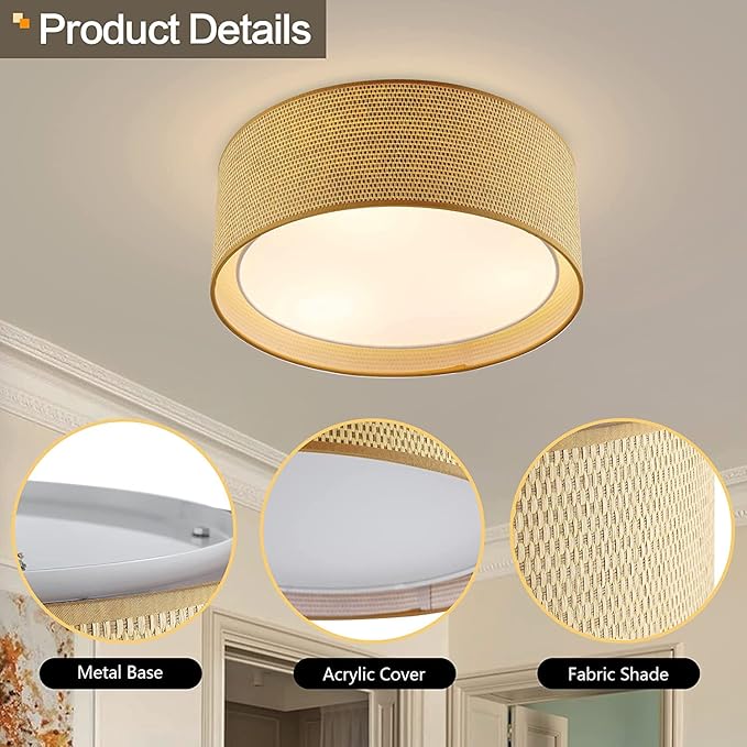 WINGBO 20" Modern 5-Light Flush Mount Ceiling Light Fixture with Fabric & Acrylic Double Drum Shade for Bedroom Living Room Dining Room Hallway Entryway, Flaxen