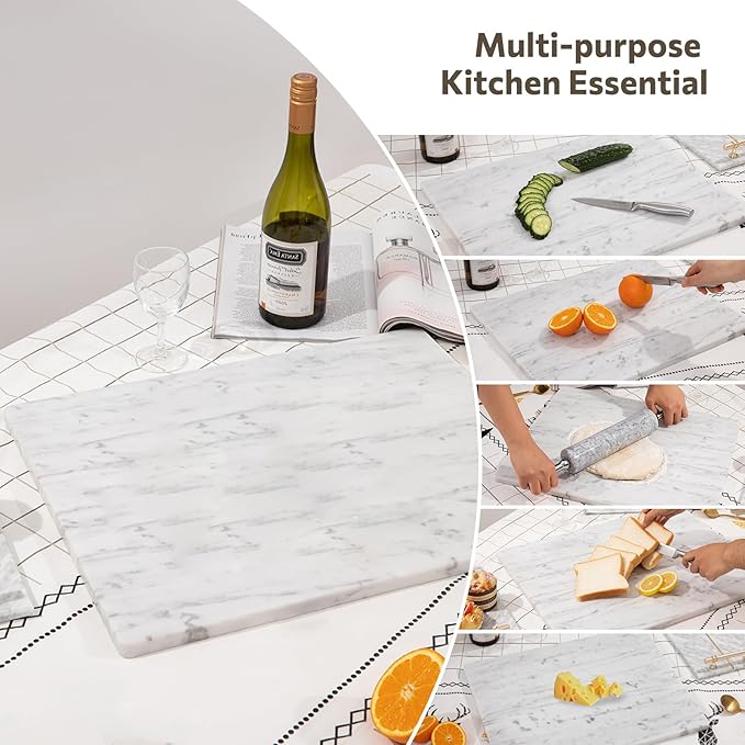 Natural Marble Cutting Board For Kitchen, 16 x 20 Inch Marble Slab Pastry Board With Non-Slip Feet For Baking, Cheese, Charcuterie, Chocolate, White Marble Gray Veins
