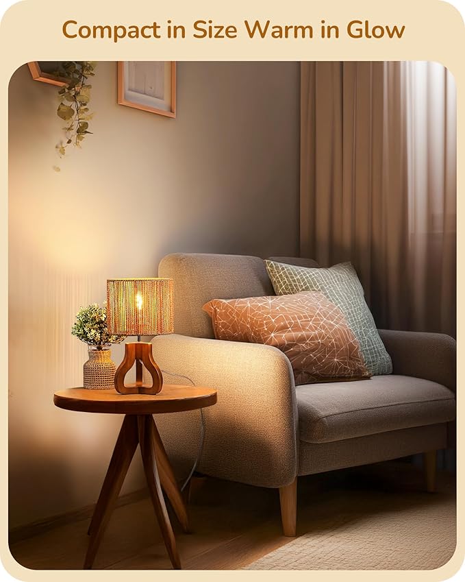 EDISHINE Small Table Lamp, Wood Rattan Nightstand Lamp with ON-Off Switch,E26 Base, Bedside Lamp for Living Room, Bedroom, Bohemian